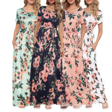 new fashion wholesale summer Round Neck printed floral casual maxi dresses women